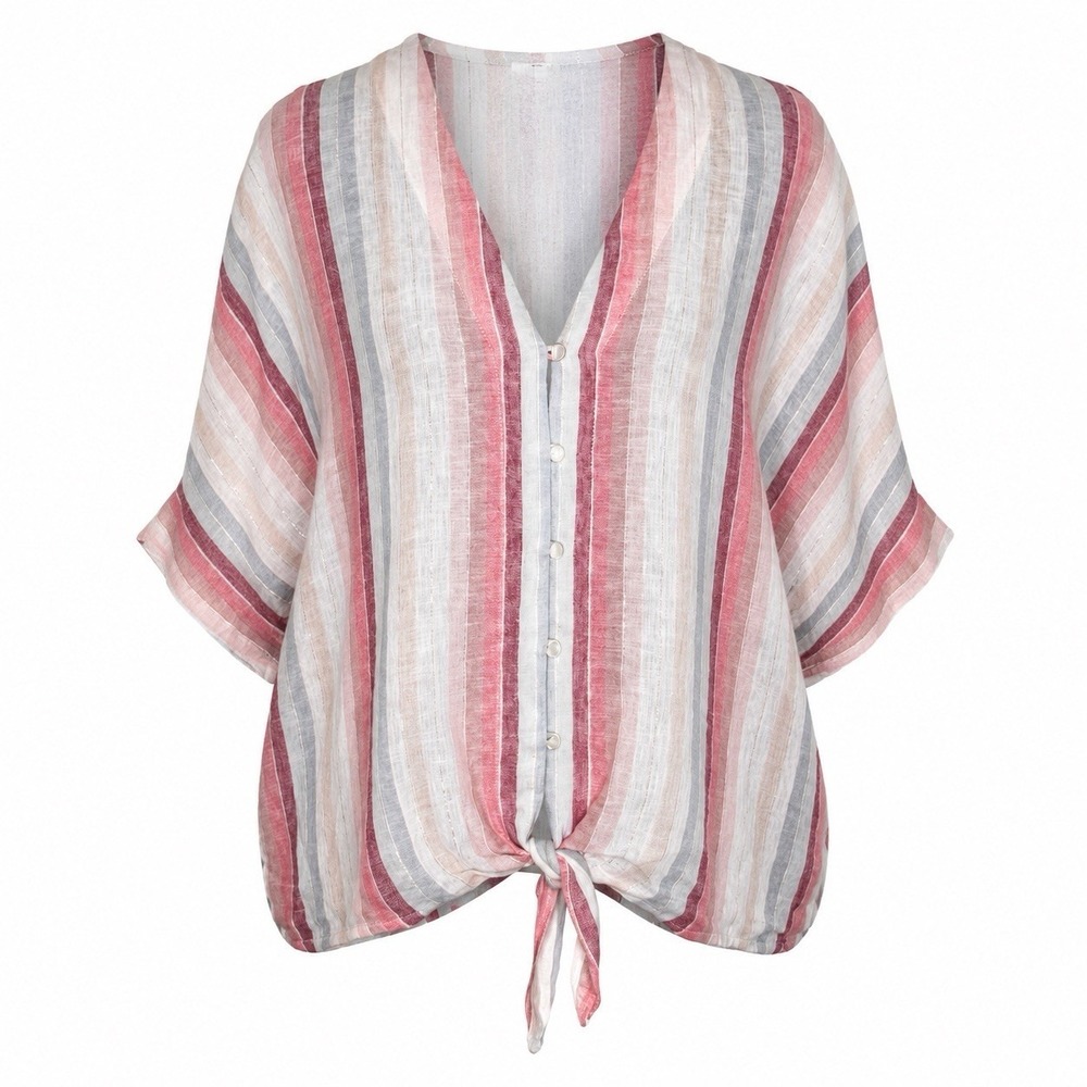 Rails Thea Blouse S Pink Stripe Linen Tie Front Metallic Coastal Boho Top